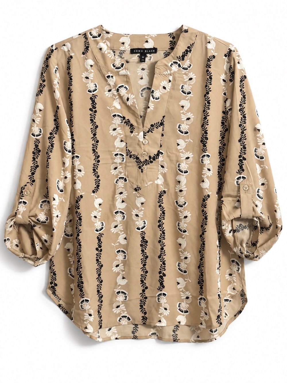 Como Black Women's Tan Daisy Floral Print V-Neck Long Sleeve Blouse Size M Boho